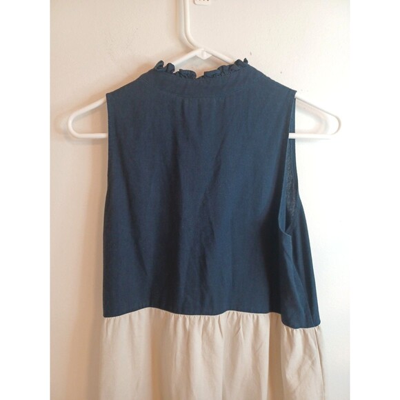 52 Seven Women’s M Linen Blend Color Block  Navy Blue Tan White Tiered Dress - Picture 9 of 9